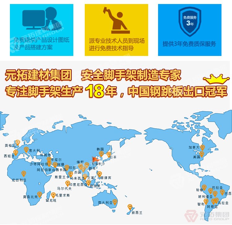 元拓建材集團(tuán)，安全腳手架制造專家！專注腳手架生產(chǎn)18年，中國(guó)鋼跳板出口冠軍！